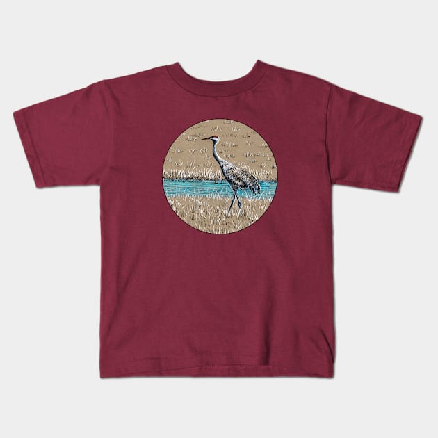 Sandhill Crane color ink drawing Kids T-Shirt by tsd-fashion